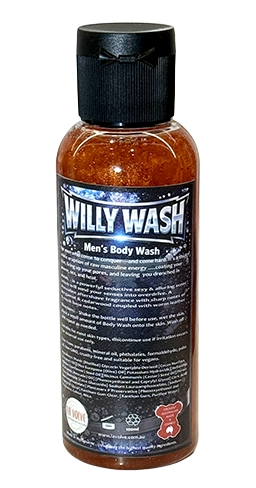 A bottle of Willy Wash Men's Body Wash with a black cap and a black label, containing an amber-brown liquid with visible glitter, set against a plain white background.