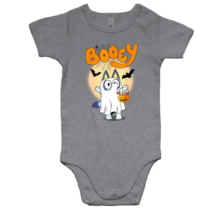 A white t-shirt featuring a colorful cartoon graphic of a ghost character dressed as Bluey, holding a jack-o'-lantern bucket of candy, with the word 'Booey' in orange above.