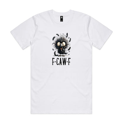 A graphic design featuring a cartoon raven with wide eyes, messy black feathers, and the text 'F-CAW-F' below it, centered on a light gray background.