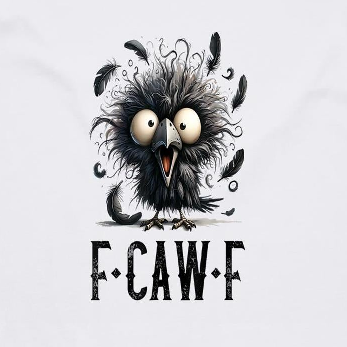 A graphic design featuring a cartoon raven with wide eyes, messy black feathers, and the text 'F-CAW-F' below it, centered on a light gray background.