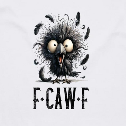 A graphic design featuring a cartoon raven with wide eyes, messy black feathers, and the text 'F-CAW-F' below it, centered on a light gray background.