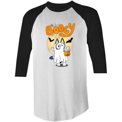 A Halloween-themed graphic print featuring a cartoon cat dressed as a ghost, holding a jack-o'-lantern candy basket, with the word 'Booey' in large orange letters above on a blue background.