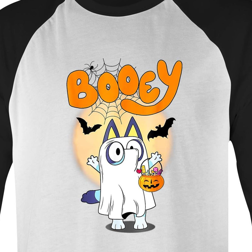 A Halloween-themed graphic print featuring a cartoon cat dressed as a ghost, holding a jack-o'-lantern candy basket, with the word 'Booey' in large orange letters above on a blue background.