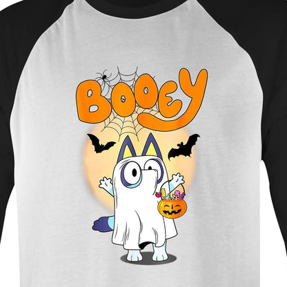A Halloween-themed graphic print featuring a cartoon cat dressed as a ghost, holding a jack-o'-lantern candy basket, with the word 'Booey' in large orange letters above on a blue background.