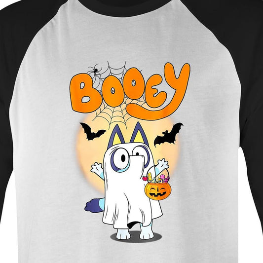 A Halloween-themed graphic print featuring a cartoon cat dressed as a ghost, holding a jack-o'-lantern candy basket, with the word 'Booey' in large orange letters above on a blue background.