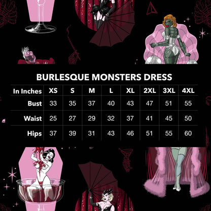A size chart for a 'Burlesque Monsters Dress' featuring a size table from XS to 4XL with measurements for bust, waist, and hips, set against a black background decorated with pink and red gothic illustrations.