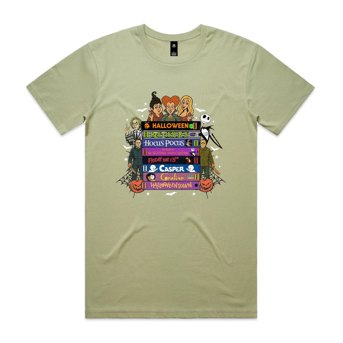 A graphic print featuring cartoon characters and movie titles from the Halloween franchise, including Dr. Seuss, Jack Skellington, Michael Myers, Sally, and various film titles like 'Halloween', 'Bedazzle', 'Hocus Pocus', 'Friday the 13th', 'Casper', and 'Gorillaz vs.