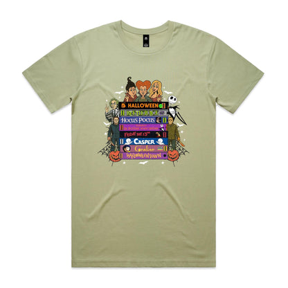 A graphic print featuring cartoon characters and movie titles from the Halloween franchise, including Dr. Seuss, Jack Skellington, Michael Myers, Sally, and various film titles like 'Halloween', 'Bedazzle', 'Hocus Pocus', 'Friday the 13th', 'Casper', and 'Gorillaz vs.