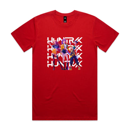 graphic t-shirt featuring three stylized female anime characters standing in front of a large white repeating 'HUNTRX' logo. The shirt fabric is visible, and the graphic is printed in vibrant shades of purple, yellow, orange, and black.