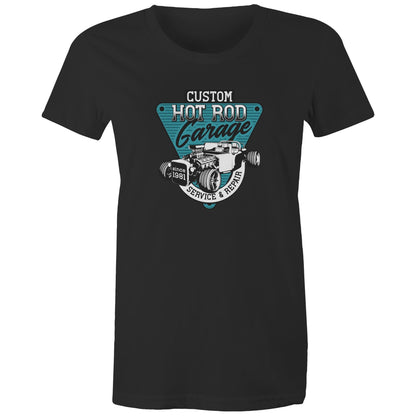 colored women's t-shirt with a 'Custom Hot Rod Garage' graphic print in the center.
