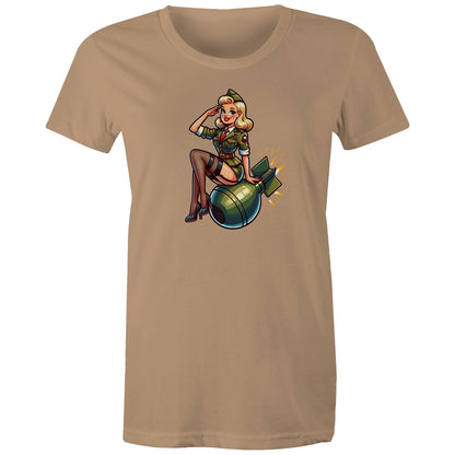 Women's green t-shirt with a vintage style pinup illustration of a female character sitting next to a bomb, on a maple green background.
