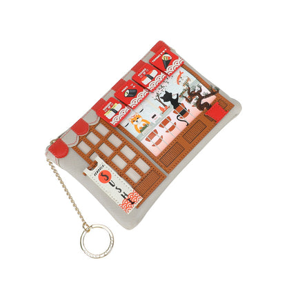 Small pouch with cat-themed design and chain on a white background