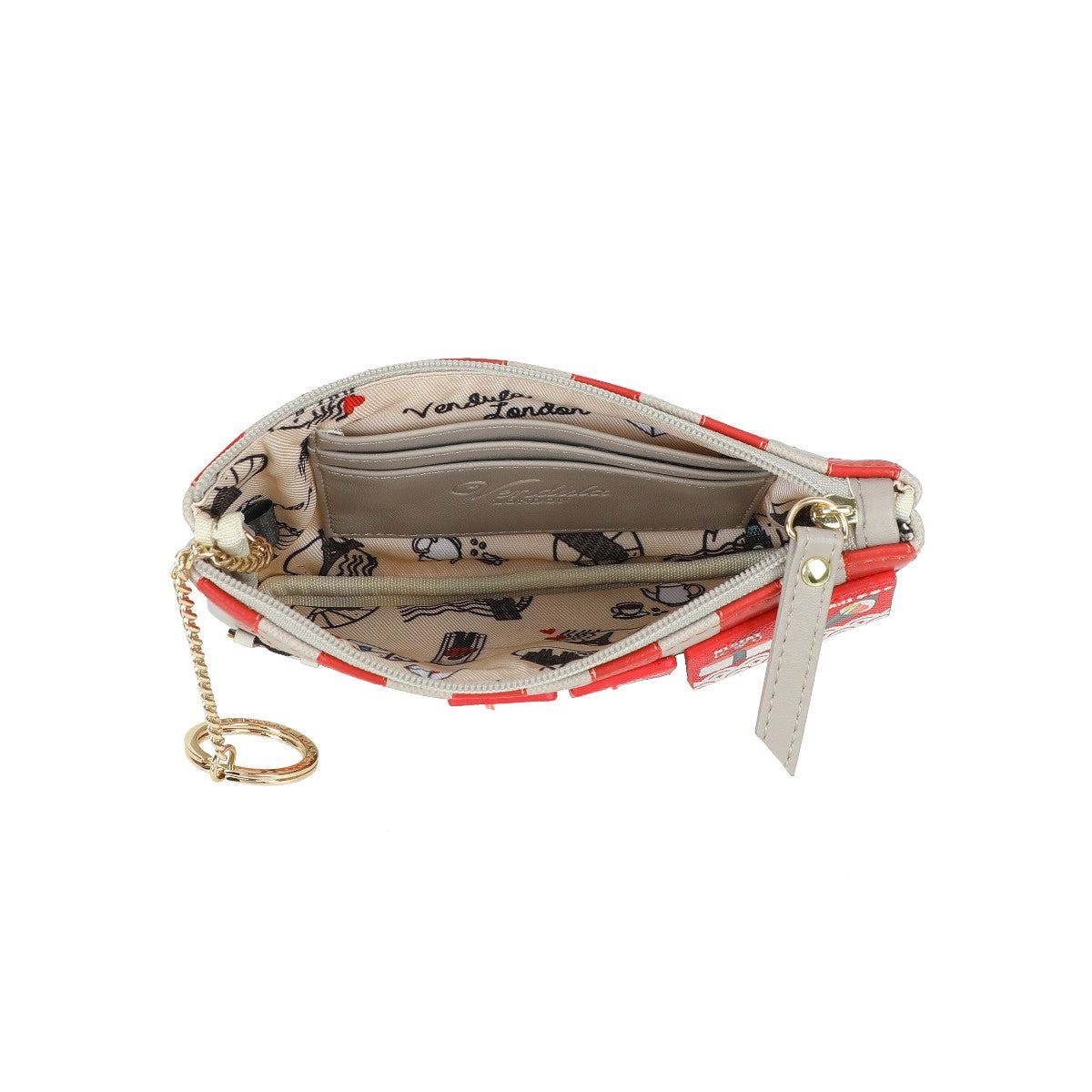 Small pouch with floral pattern and gold chain on a white background