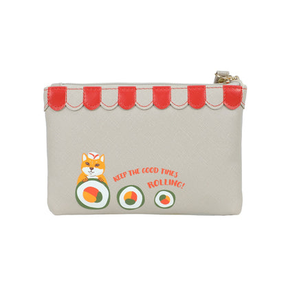 Pouch with fox and sushi design on a beige background