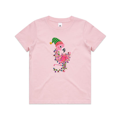 A pink cartoon flamingo wearing a green and red plaid Santa hat, wrapped in colorful Christmas lights, printed on a white fabric background.