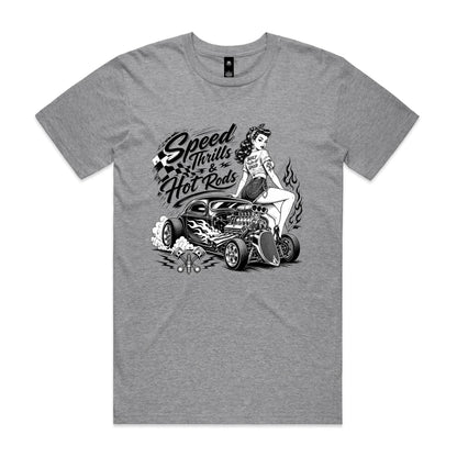 A black and white graphic print on a white background featuring a pin-up style woman sitting on a hot rod car with the text 'Speed Thrills & Hot Rods' and racing-themed illustrations.
