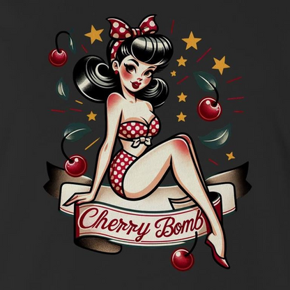 A black women's t-shirt with a printed graphic of a pinup style illustration featuring a character with a bow and stars, and the text 'Cherry Bomb'.