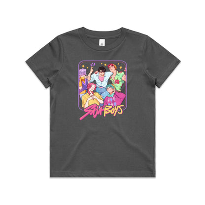 A close-up of a t-shirt featuring a colorful graphic print of five illustrated anime-style boys with the text 'Stu Boys' in pink and yellow stylized lettering.