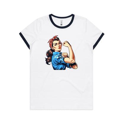 A stylized illustration of a woman in a classic Rosie the Riveter pose, wearing a red polka-dot bandana and a blue work shirt, flexing her arm on a plain white background.