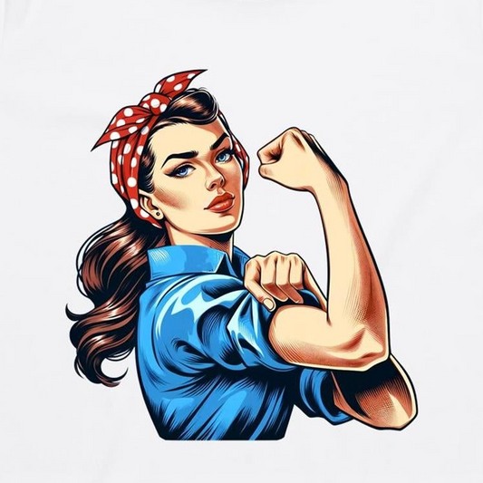 A stylized illustration of a woman in a classic Rosie the Riveter pose, wearing a red polka-dot bandana and a blue work shirt, flexing her arm on a plain white background.
