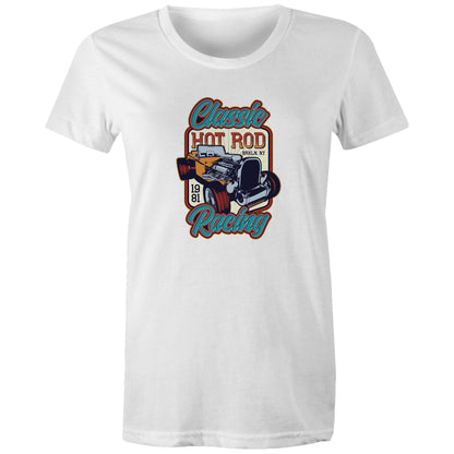  women's t-shirt with 'Classic Hot Rod' and related graphics printed on the front.