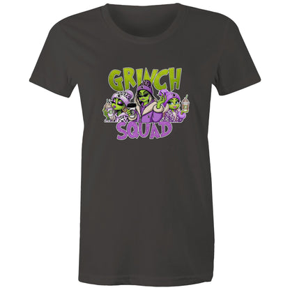 A dark heather gray t-shirt featuring a colorful graphic print of three cartoon aliens dressed in purple and leopard-print clothing, holding drinks, with the text 'GRINCH SQUAD' in lime green and purple.