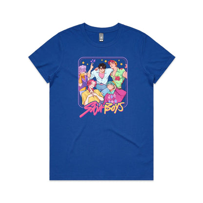 t-shirt featuring a colorful graphic print of five anime-style boys with the text 'Stunt Boys' written in a pink and yellow font below them.
