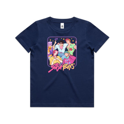 A close-up of a t-shirt featuring a colorful graphic print of five illustrated anime-style boys with the text 'Stu Boys' in pink and yellow stylized lettering.