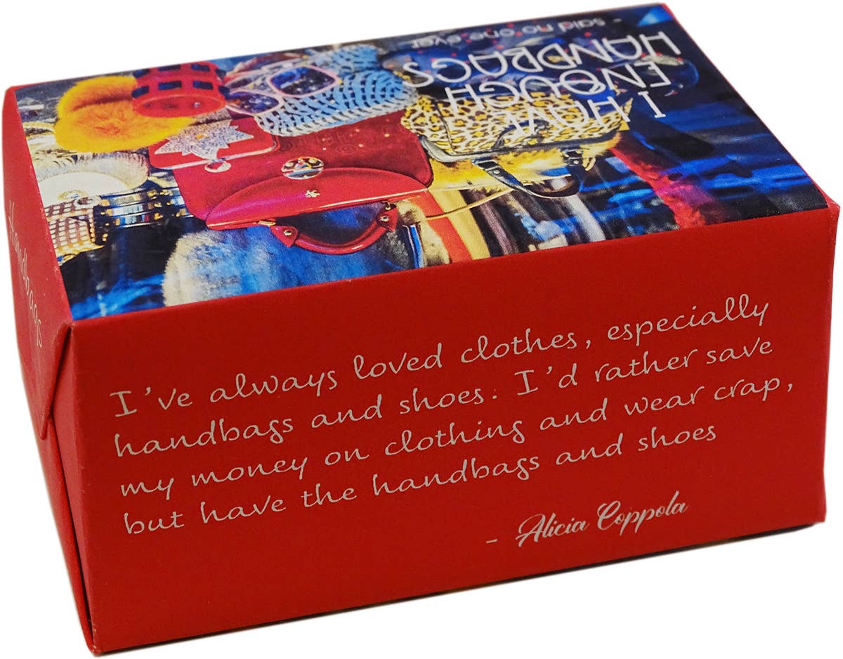 A red gift box with a colorful collage of fashion items on the lid and a white handwritten quote on the side, titled 'Handbag and Shoe Fund' by Alicia Coppola.