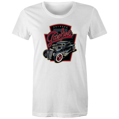 women's t-shirt with a graphic print of a vintage car and the text 'Hot Road Gasoline' on the front.