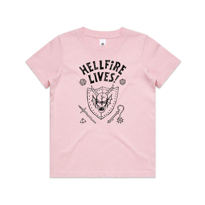 a black graphic print of a horned skull in a shield, surrounded by fantasy-themed icons including dice, a sword, and a mace, with the text 'HELLFIRE LIVES!'.