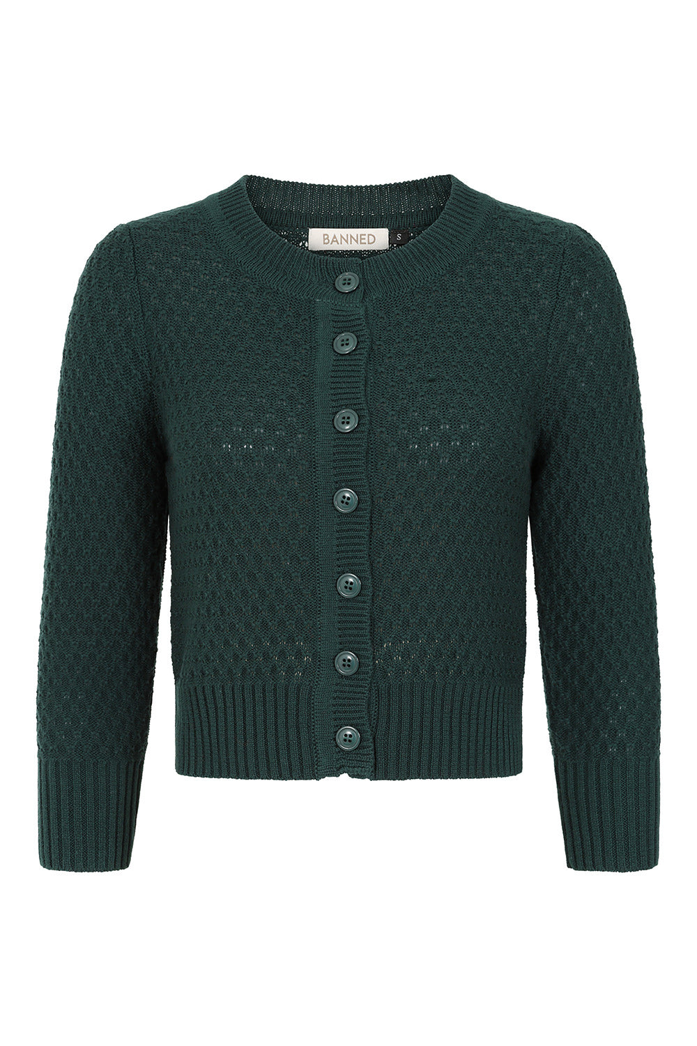 Green cardigan with textured pattern on a white background