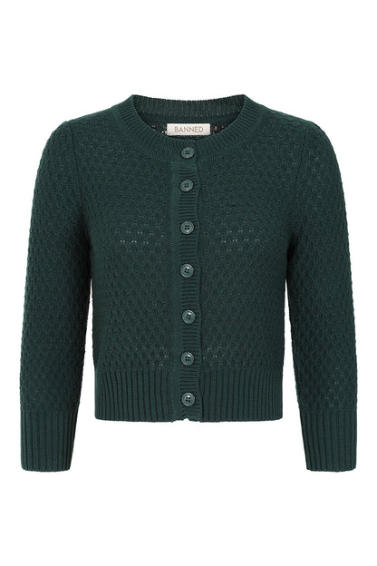 Green cardigan with textured pattern on a white background