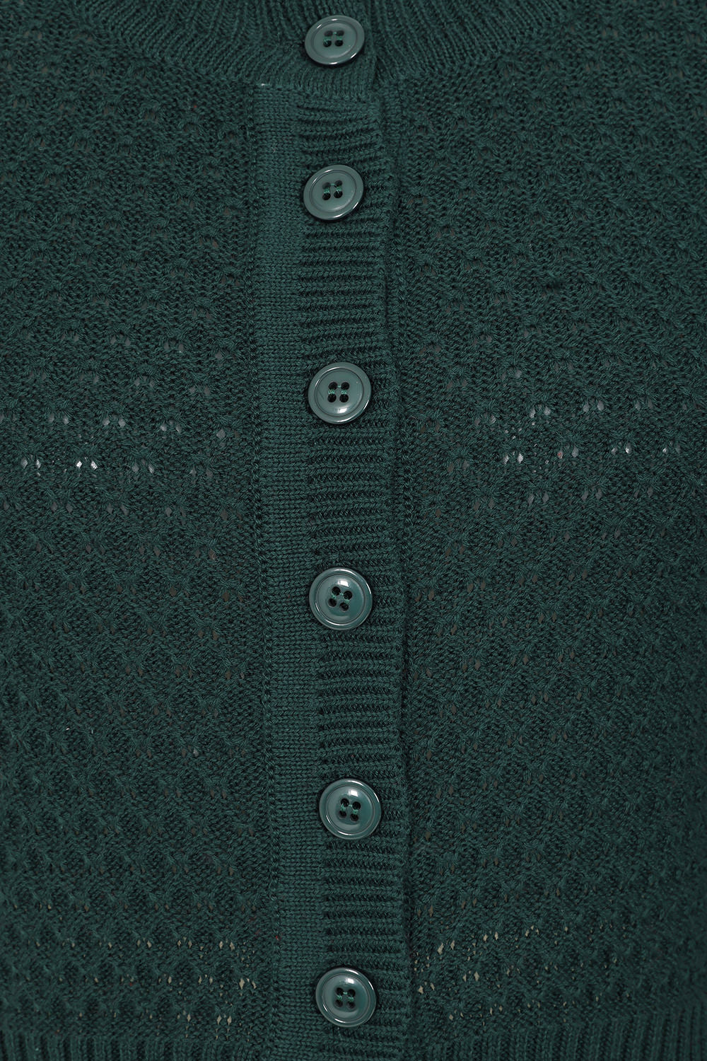 Close-up of a dark green textured fabric with button details
