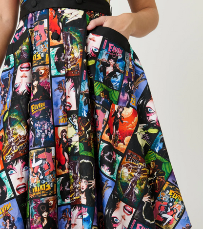 Colorful patterned skirt with graphic designs on a plain background
