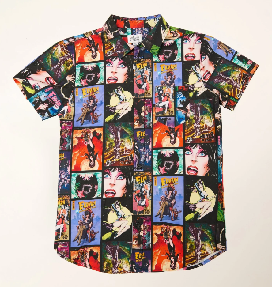 Colorful shirt with graphic designs on a beige background