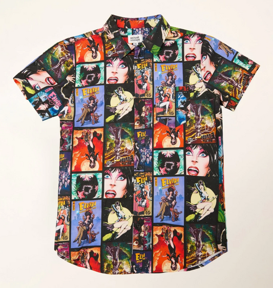 Colorful shirt with graphic designs on a beige background
