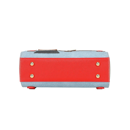 Two-tone red and blue pouch with gold studs on a white background