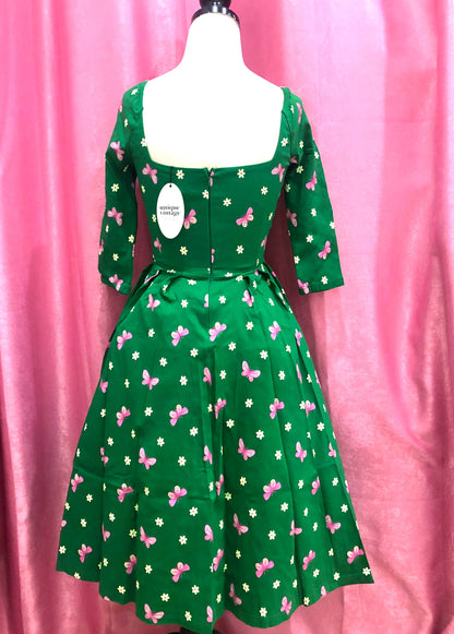 Unique Vintage 1950s Green/Butterfly Stamp Sweetheart Lamar Swing Dress