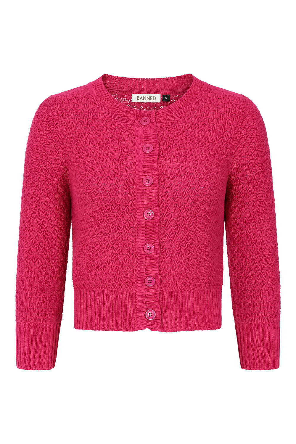 Pink cardigan with buttons on a white background