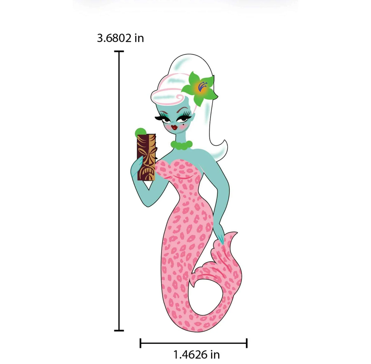 Mermaid figurine with pink tail and blue upper body, holding a cocktail, on a white background