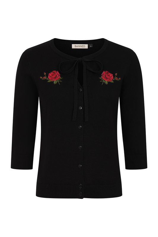 Black cardigan with red rose embroidery on a white background