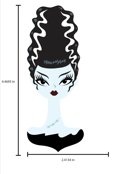 A gothic-style decorative mirror shaped like a woman's bust with black glittery hair, pale mint-green skin, and a black base with small multicolor rhinestone accents, shown on a plain white background.
