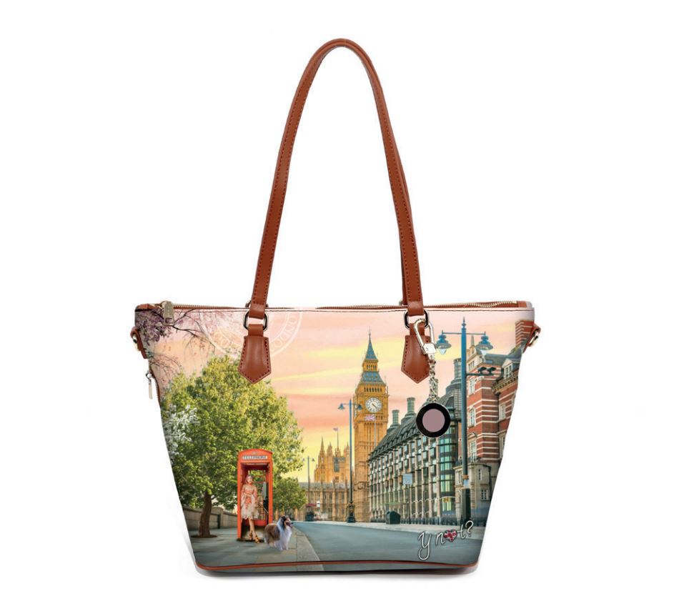 A handbag featuring a printed design with scenes of Venice, including the Grand Canal and St. Mark's Basilica, with a faux leather trim and brown handles.