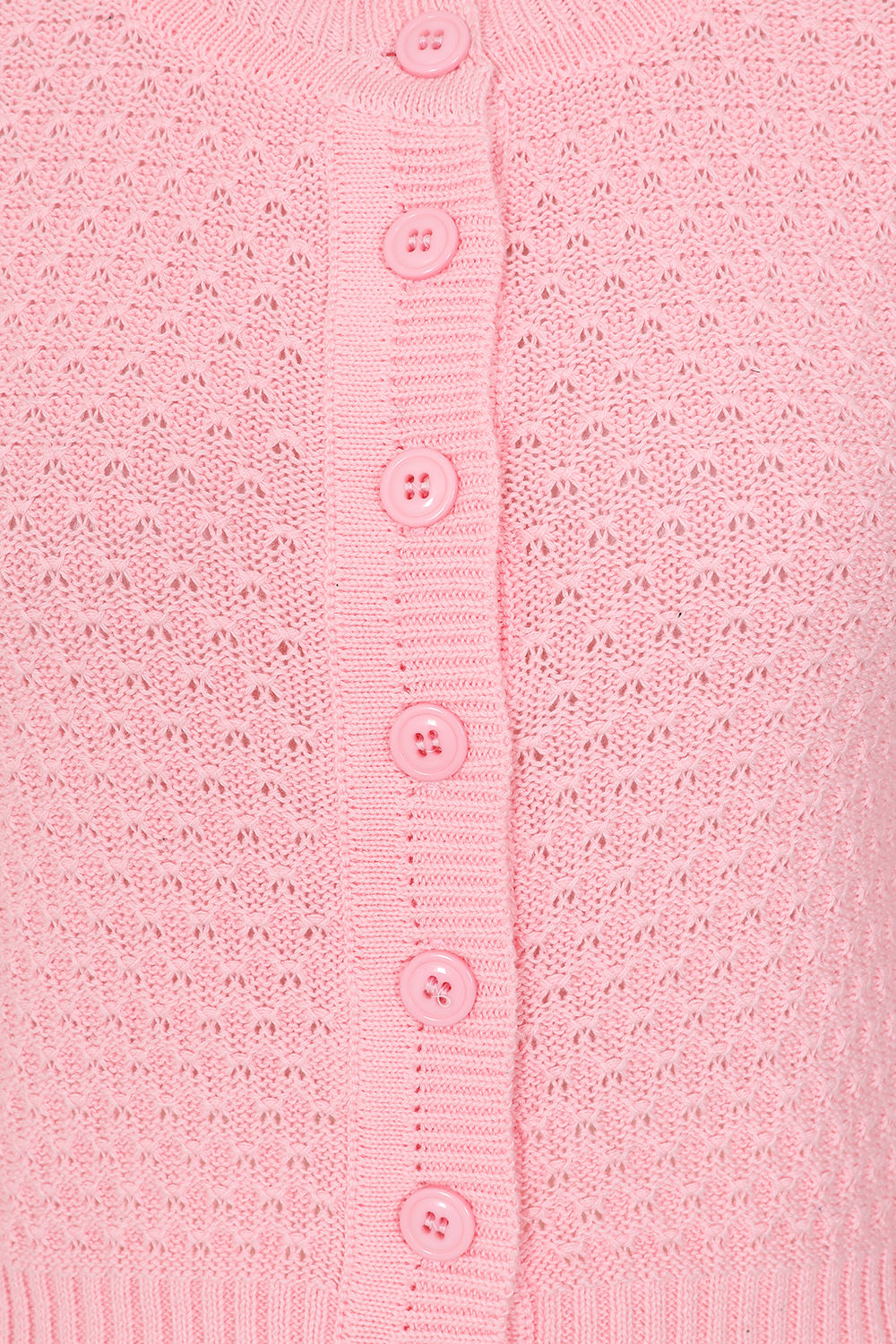 Close-up of a pink knitted cardigan with button details