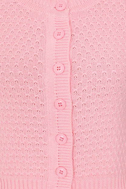 Close-up of a pink knitted cardigan with button details