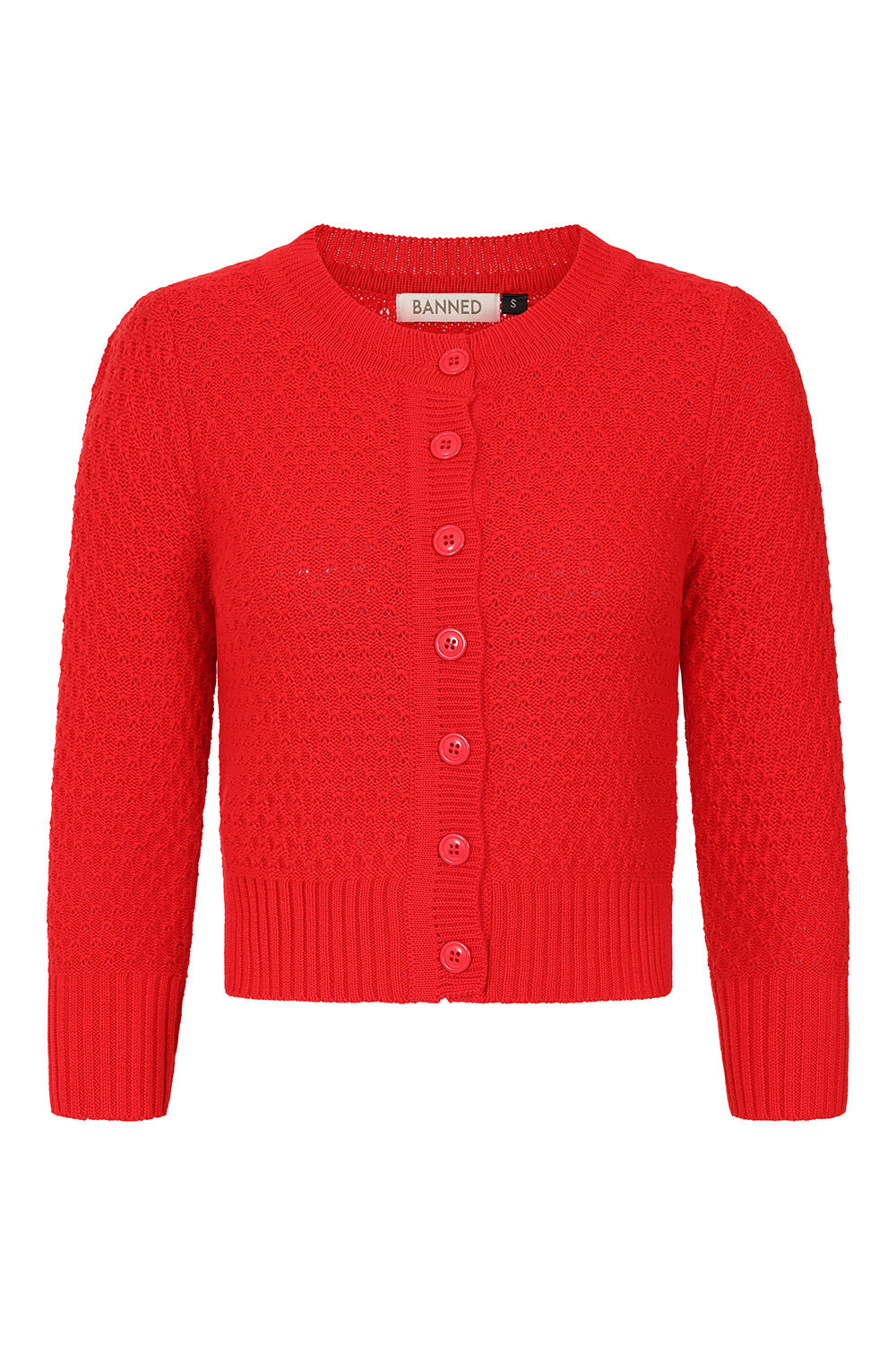Red cardigan with buttons on a white background