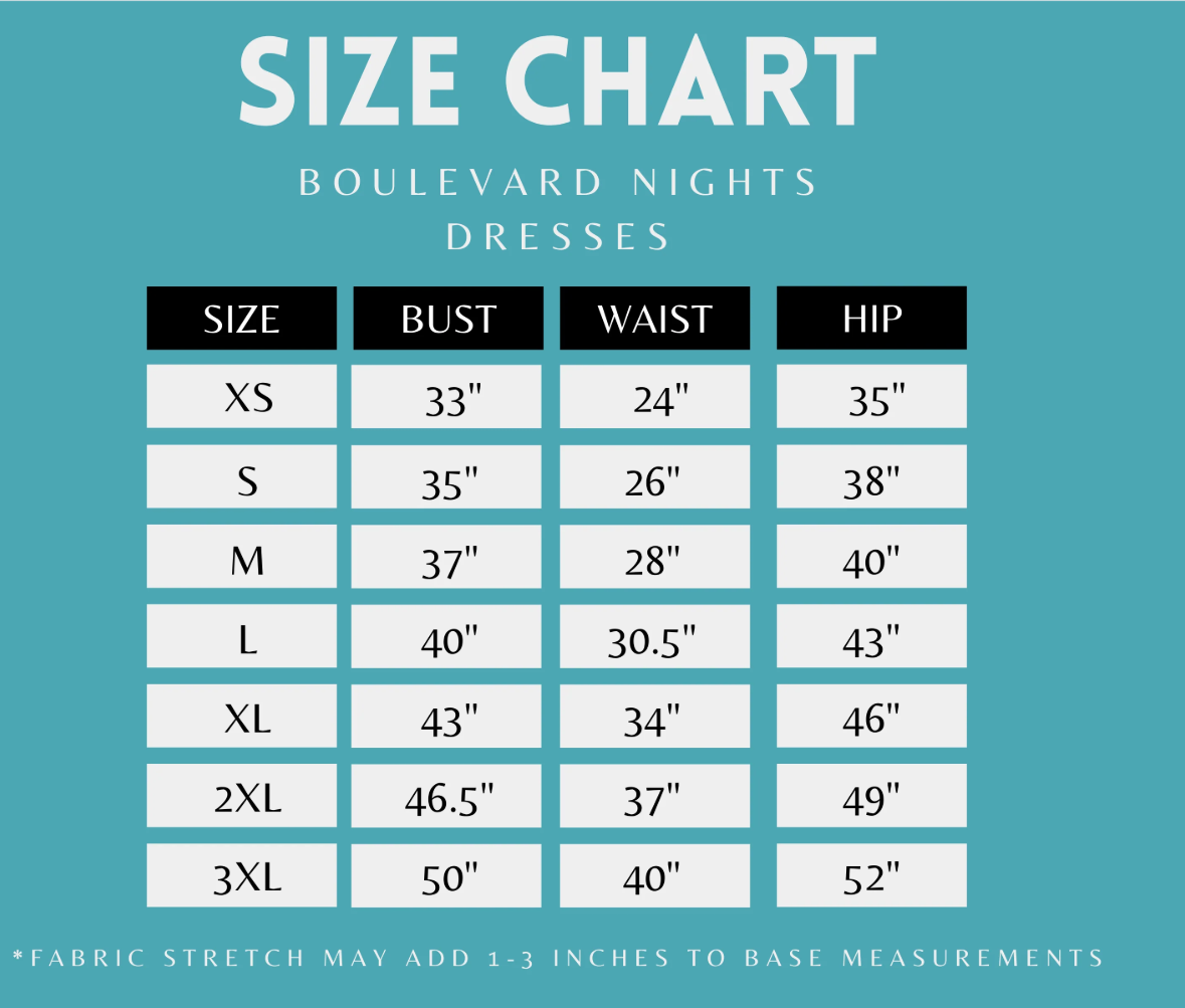 A size chart graphic for Boulevard Nights dresses, showing measurements for sizes XS through 3XL in a table format with columns for Bust, Waist, and Hip on a teal background.