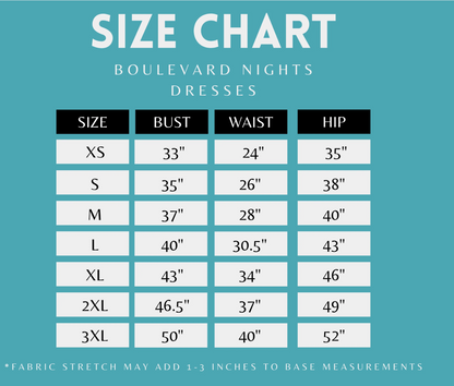 A size chart graphic for Boulevard Nights dresses, showing measurements for sizes XS through 3XL in a table format with columns for Bust, Waist, and Hip on a teal background.