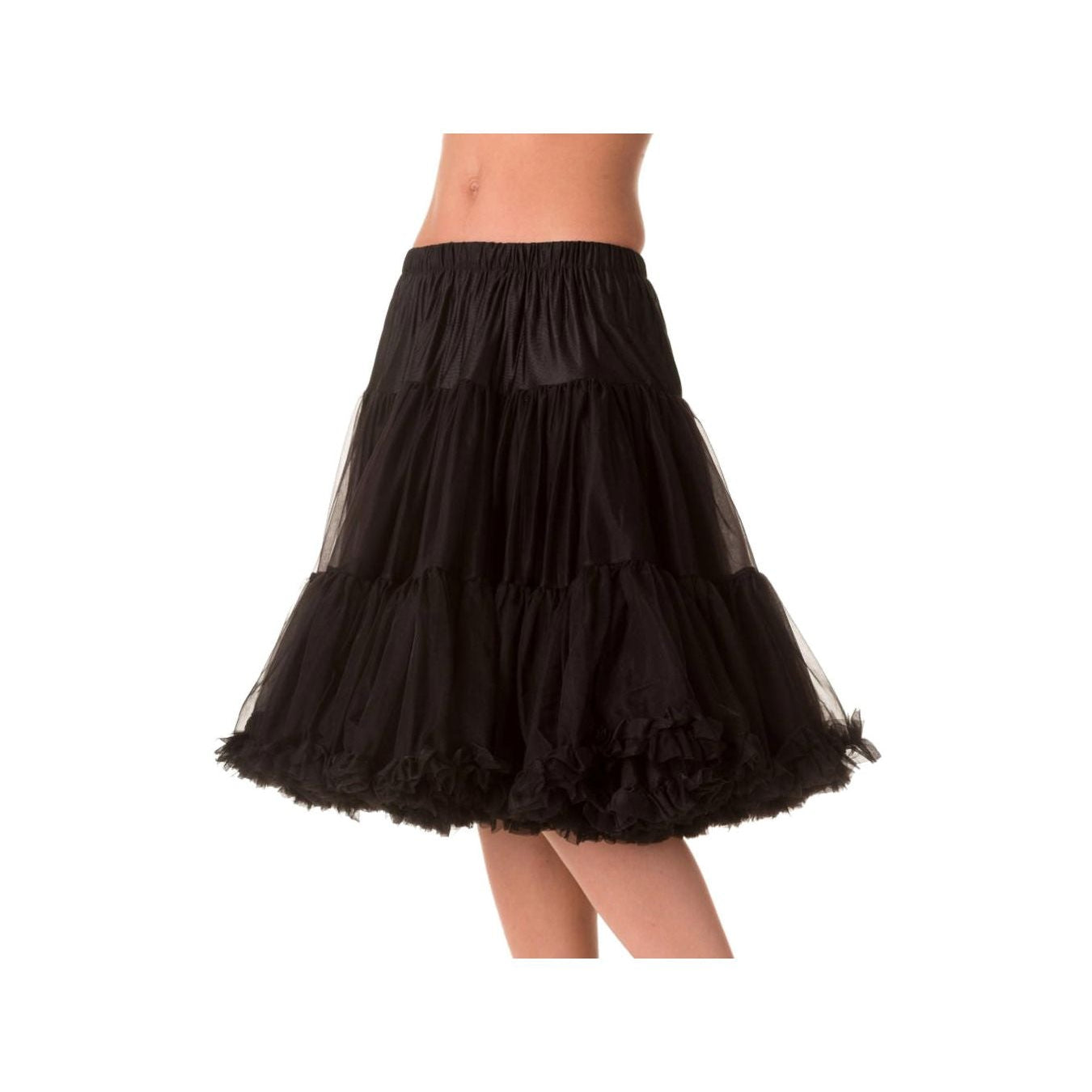 A black tiered tulle petticoat or skirt with a gathered elastic waistband, shown on a model against a plain white background.